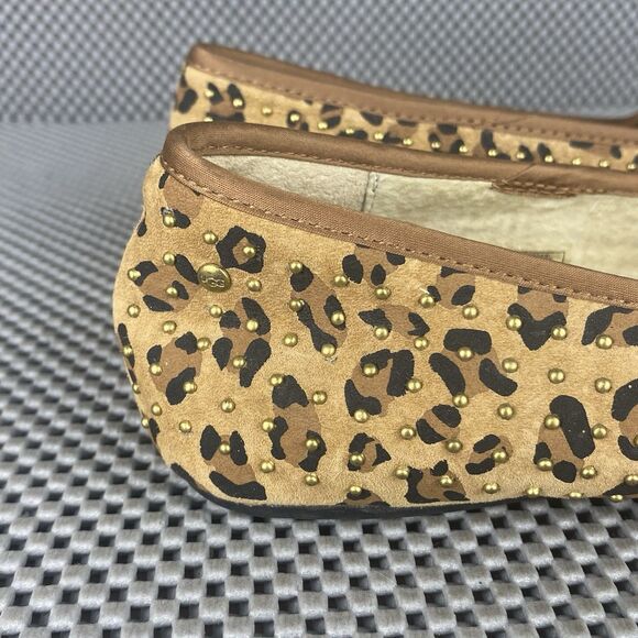 UGG Alloway Studded Ballet Flat Shoes 5 Brown Animal Print Leather Sheepskin - Picture 10 of 12